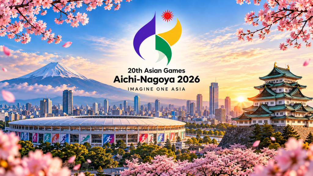 Asian Games 2026 Aichi-Nagoya Japan with stadium, Nagoya skyline and Japanese landmarks