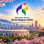 Asian Games 2026 Aichi-Nagoya Japan with stadium, Nagoya skyline and Japanese landmarks
