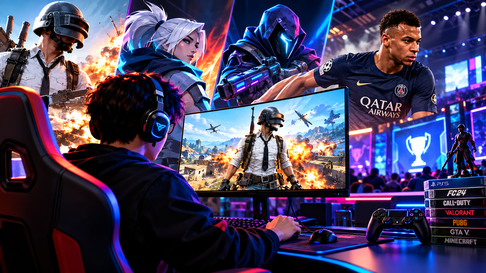 Gaming and esports arena with neon lighting